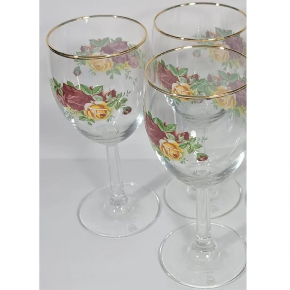 Vintage Royal Albert Old Country Roses Wine Glass Set Barware Burgundy Gold Rim
